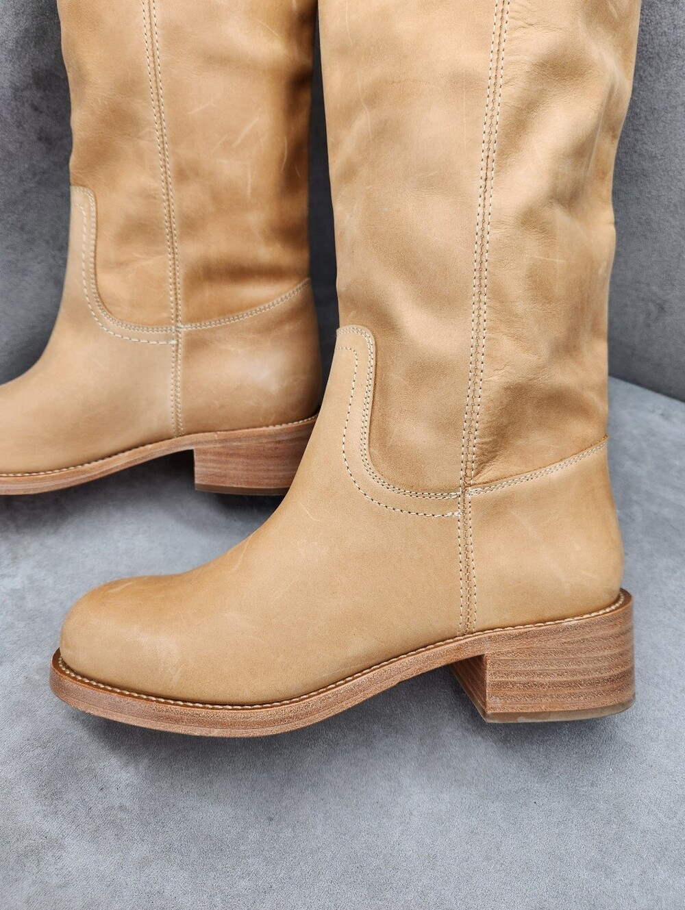 Steve Madden Knee High Boots 5.5 Tan Leather Riggs Biker Chunky Pull On New $200 - Picture 5 of 17